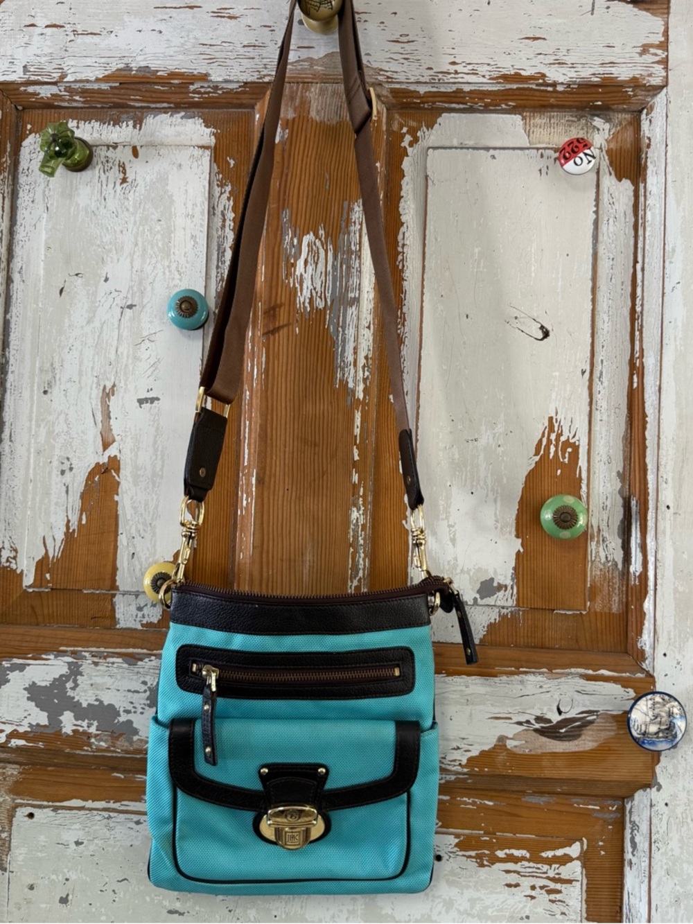 JPK 75 Paris Teal Crossbody Bag with Gold Hardware and Brown Strap